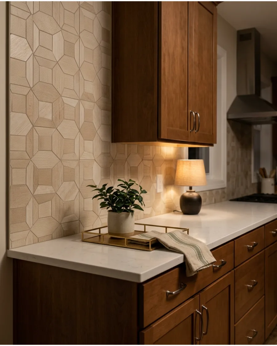 43. Neutral Geometric Tile Backsplash