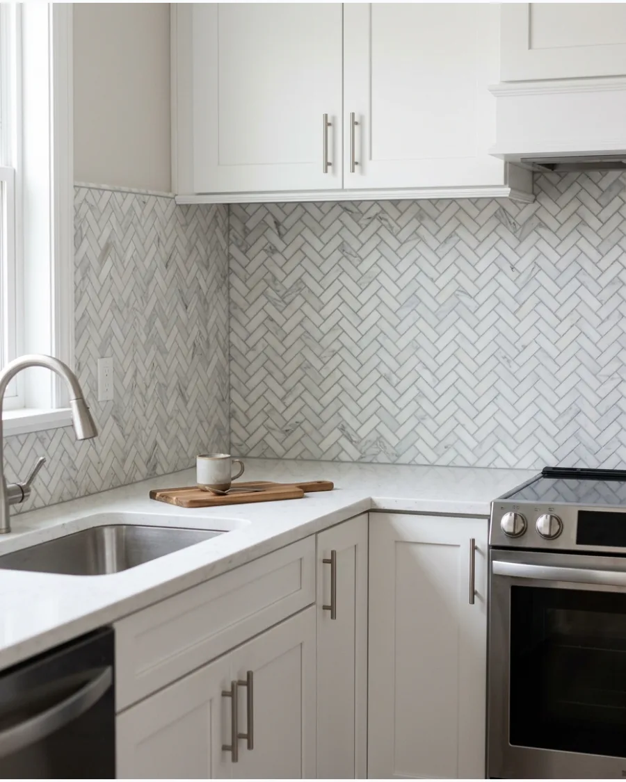 16. Marble Herringbone Backsplash