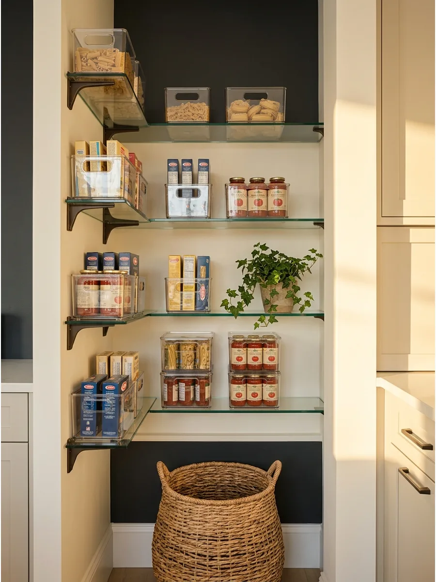 17. Pantry Shelves With Clear Bins