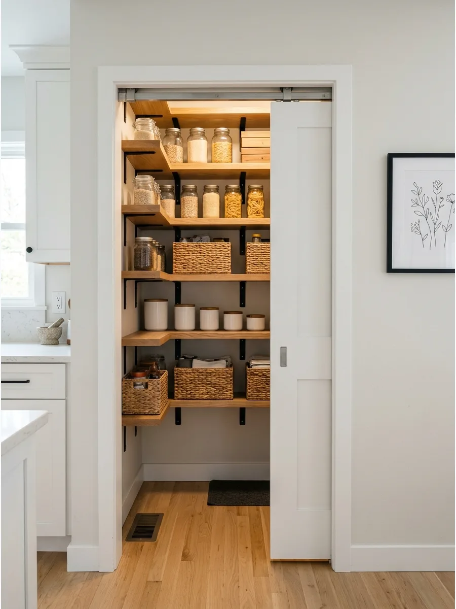 24. Pantry Shelves Behind Pocket Doors