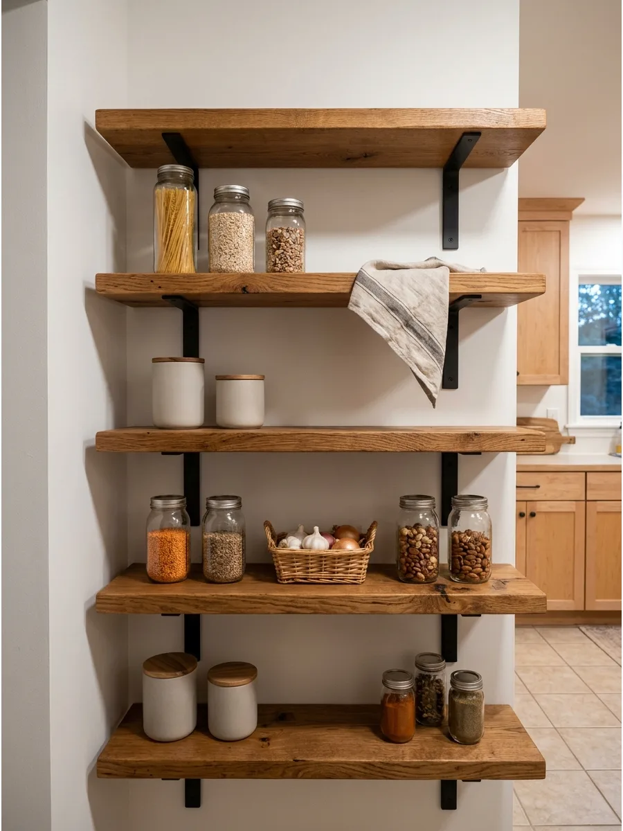 37. Open Pantry With Wood Shelves