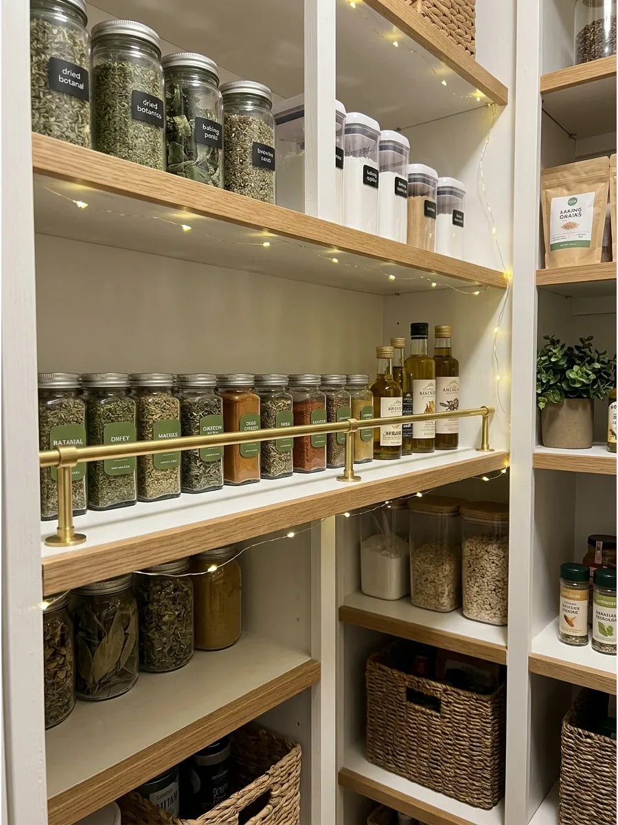 38. Open Pantry With Brass Rails