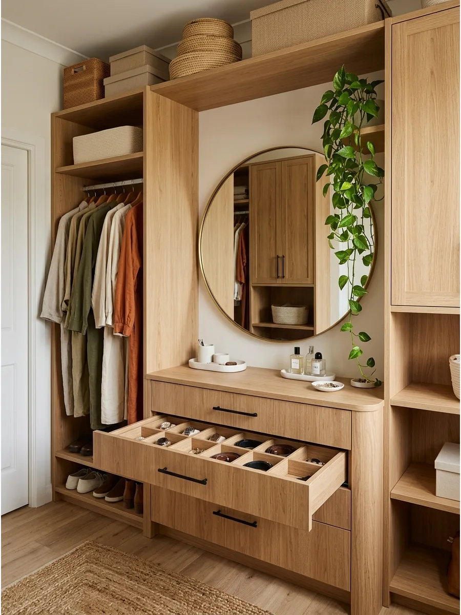 53. Use a Round Mirror to Soften the Cabinetry