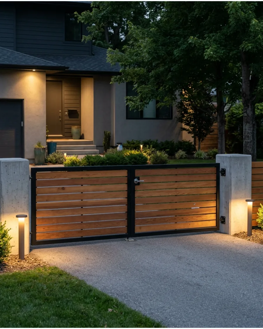 1. Horizontal Wood-Slat Driveway Gate