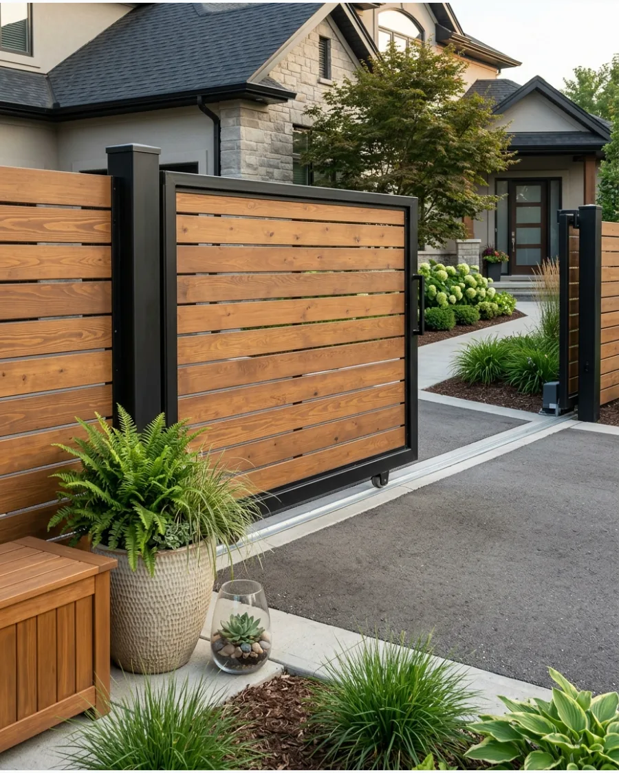 14. Wood-and-Steel Sliding Gate