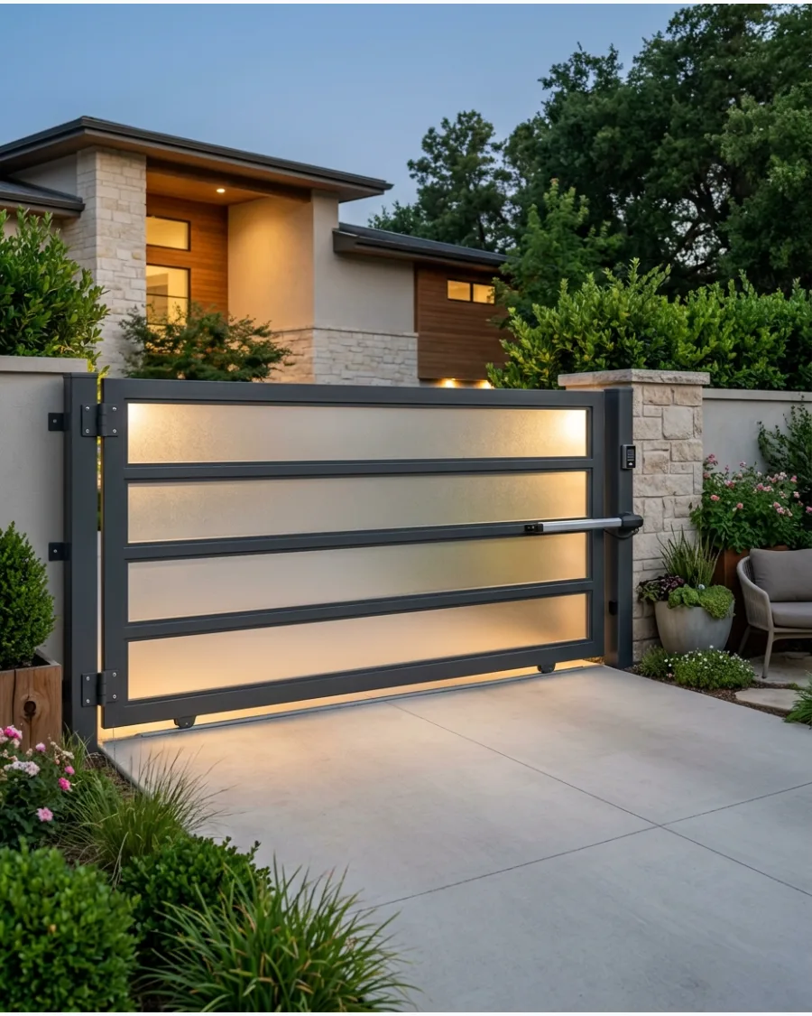 27. Frosted-Panel Driveway Gate