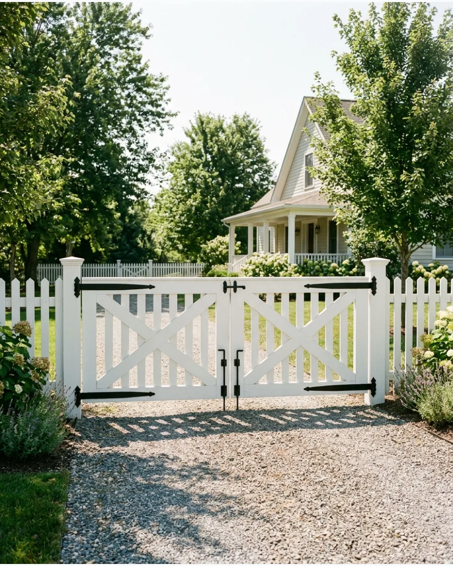 31. White Farmhouse Driveway Gate