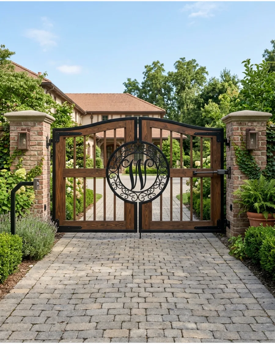 40. Rustic Gate With a Personalized Emblem