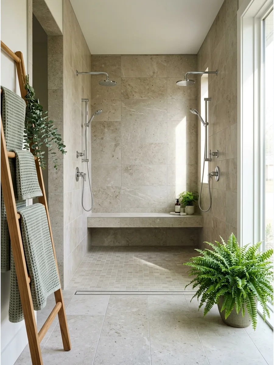 28. Long Bench Between Two Shower Heads