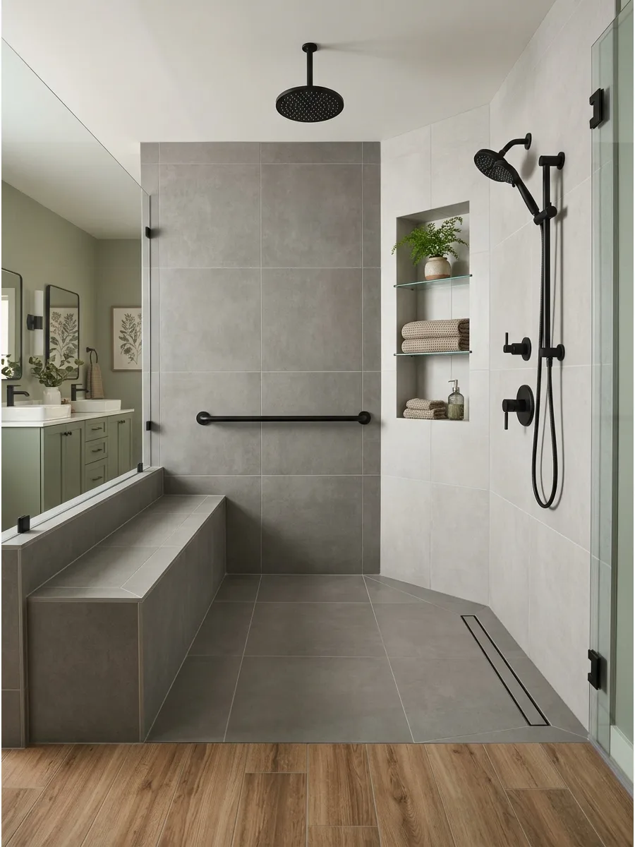 32. Curbless Shower With Bench and Grab Bar