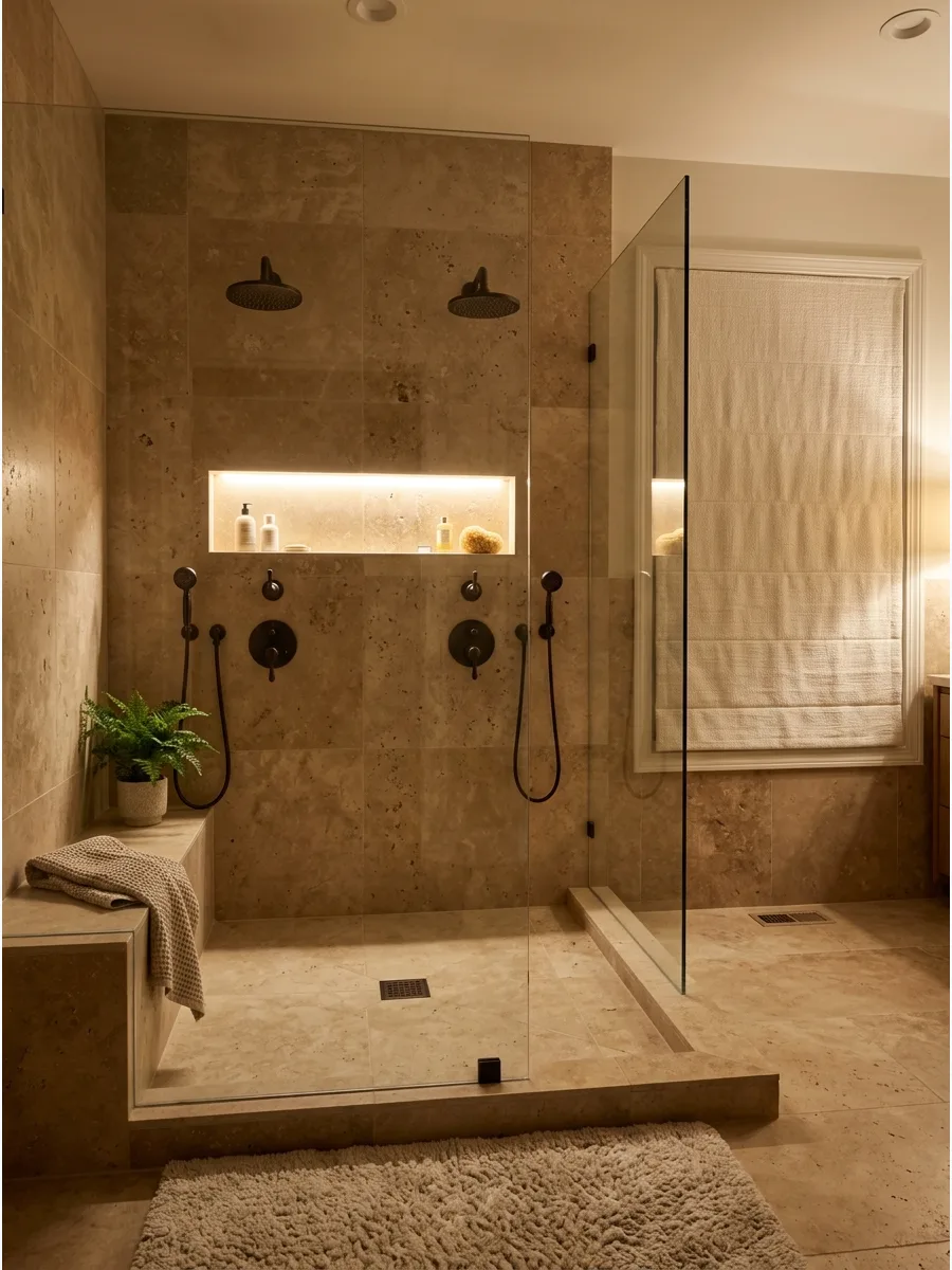 36. Travertine-Look Walk-In Shower