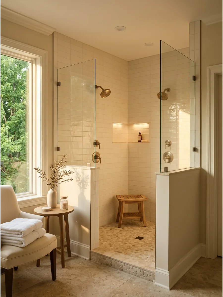37. Warm Beige Tile Shower