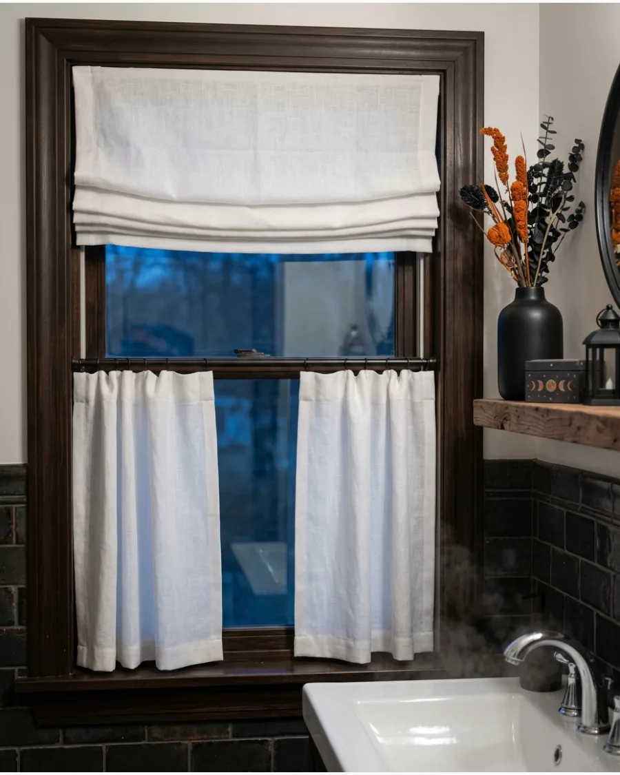 39. Café Curtains With a Roman Shade