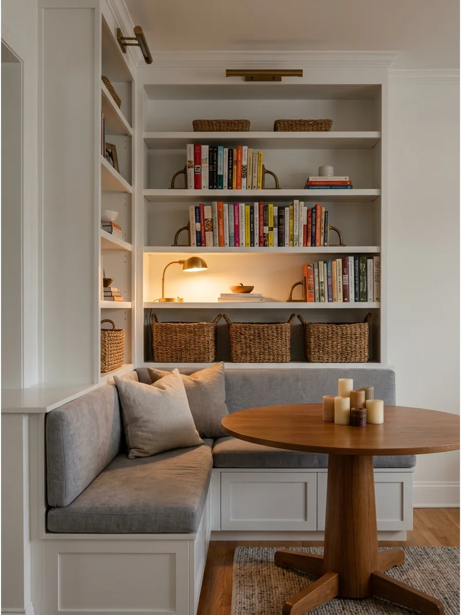 49. Bookshelf Corner Dining Nook
