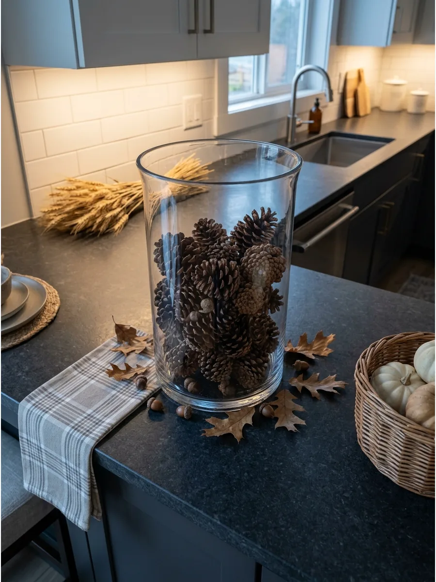 23. Pinecones in Glass Hurricanes