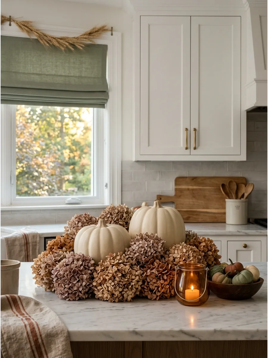 3. Cream Pumpkins and Dried Hydrangeas
