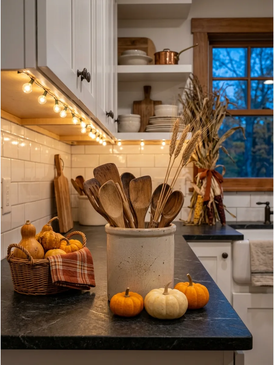 33. Vintage Crock and Mini Pumpkins