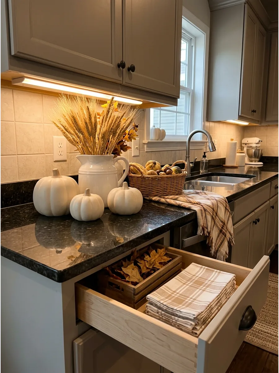 38. Dark Countertop Cream Decor