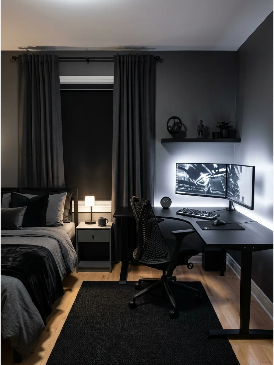 1. Clean Black Gaming Bedroom