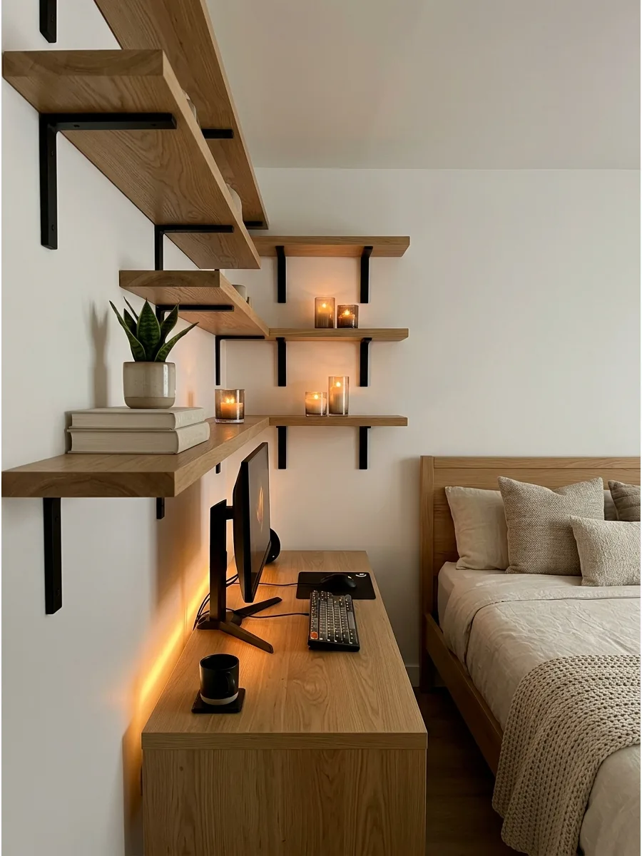 39. Warm Wood Gaming Bedroom