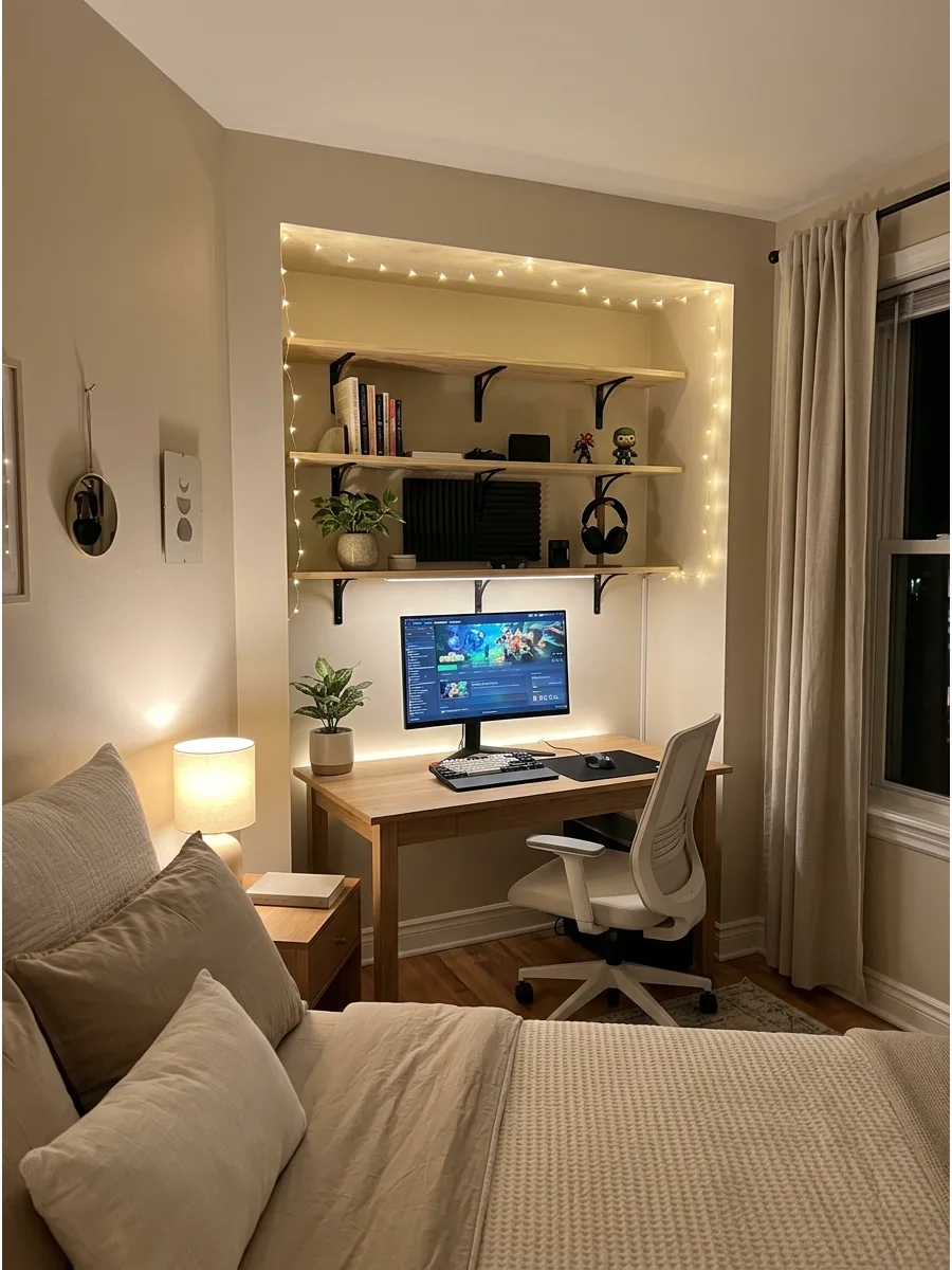 8. Soft Beige Gaming Room