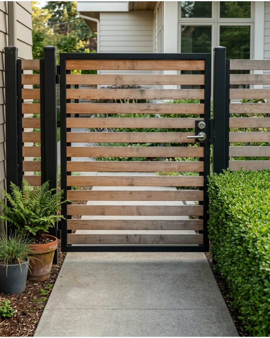 1. Horizontal Wood-Slat Garden Gate