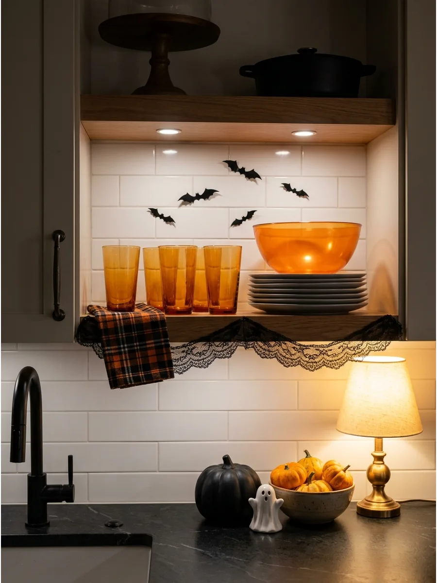 26. Display Orange Glassware on Kitchen Shelves