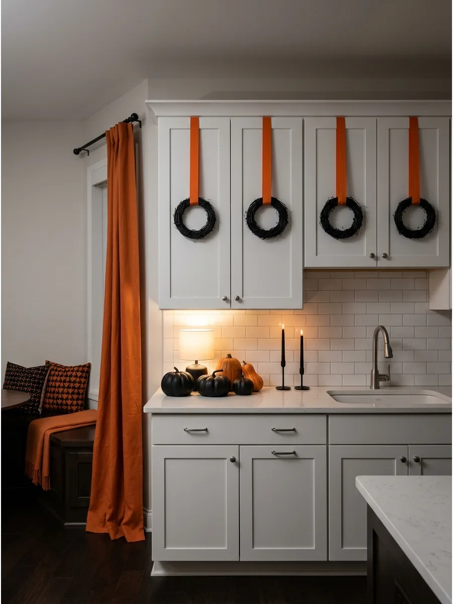 33. Hang Mini Wreaths on Kitchen Cabinets