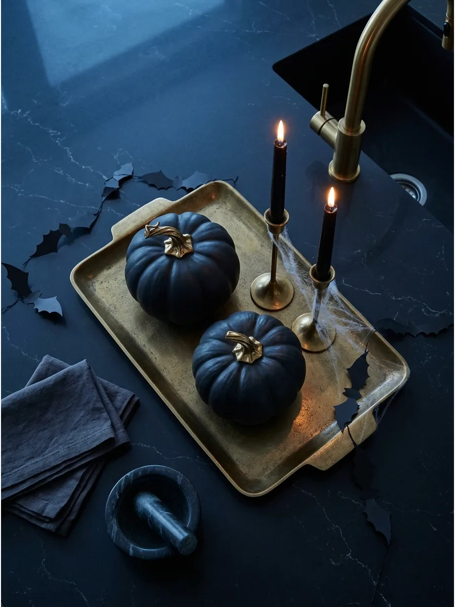 5. Display Black Pumpkins With Brass Accents