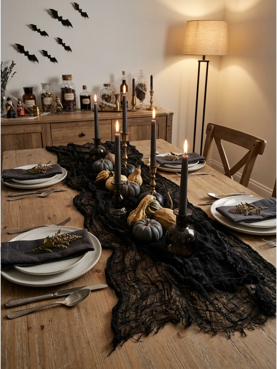 20. Layered Black Cheesecloth Runner
