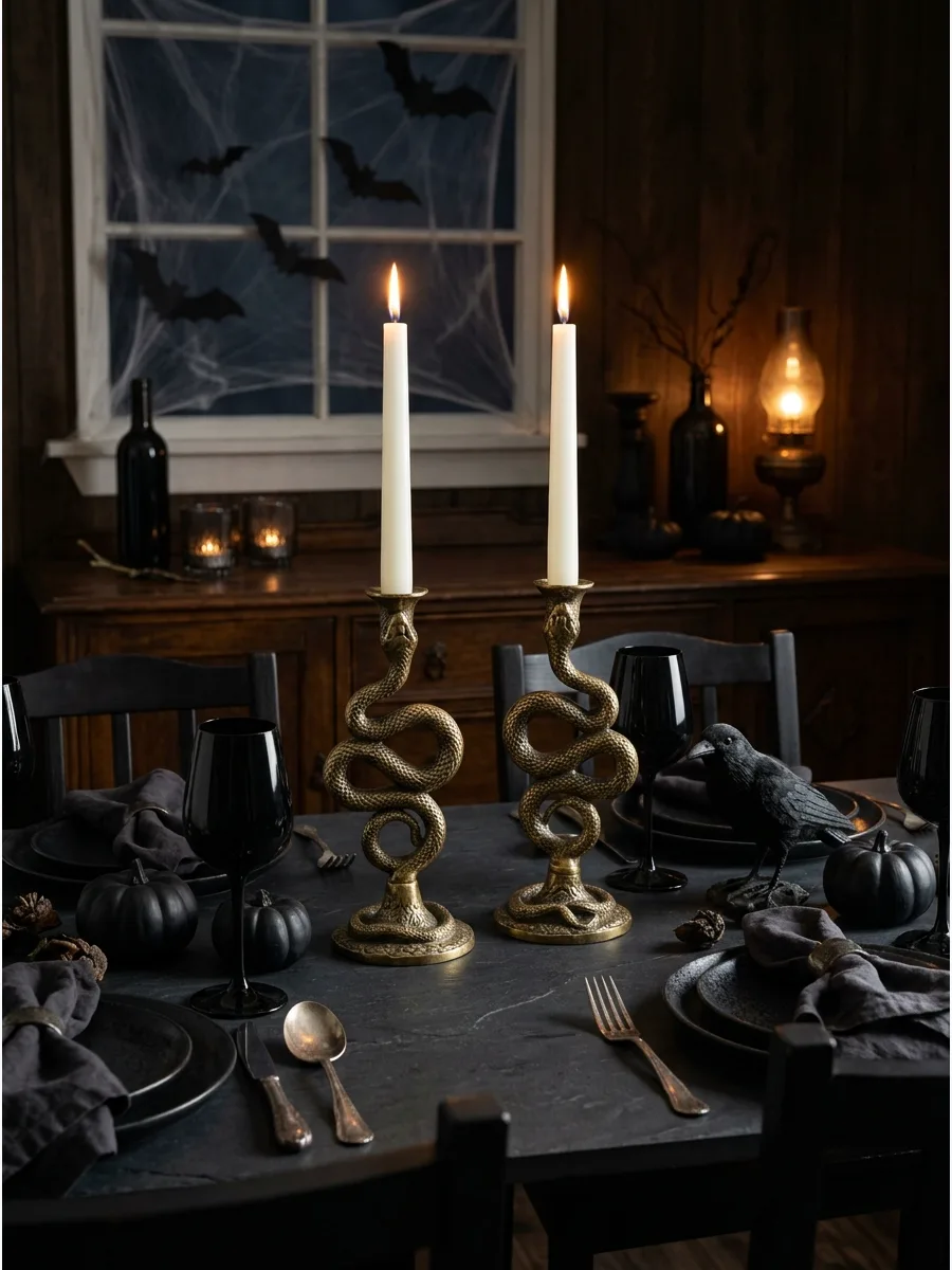 22. Serpent Motif Brass Candlesticks