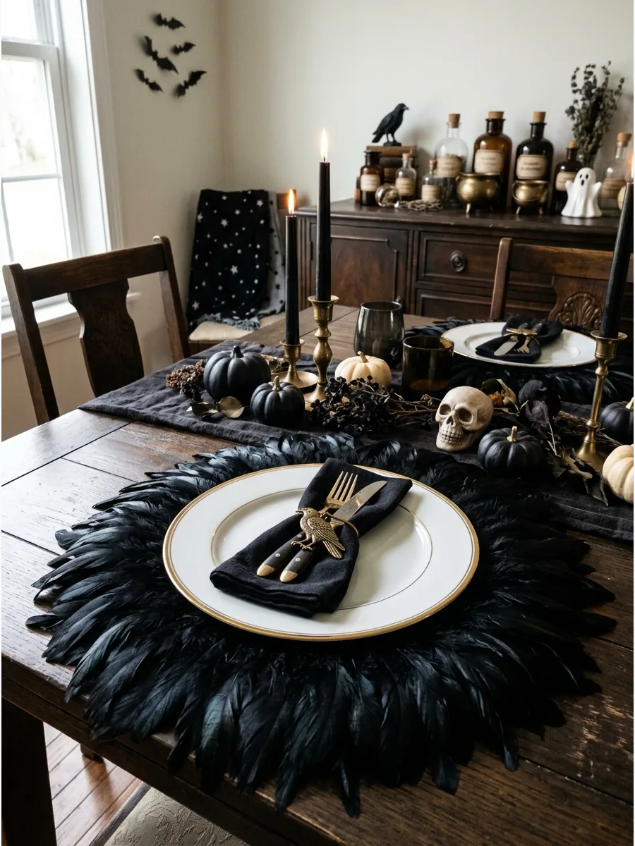 28. Circular Black Feather Placemats