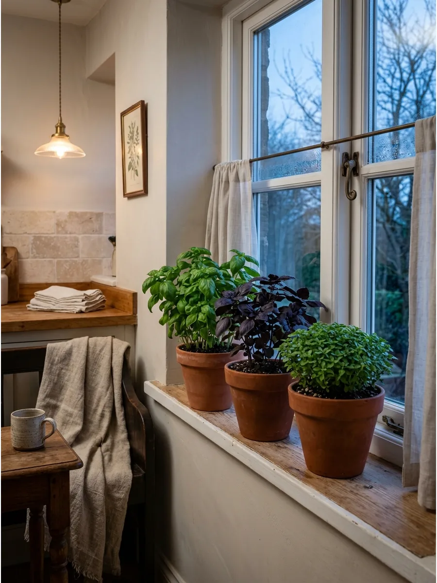 1. Create a Kitchen Window Display With Basil Pots