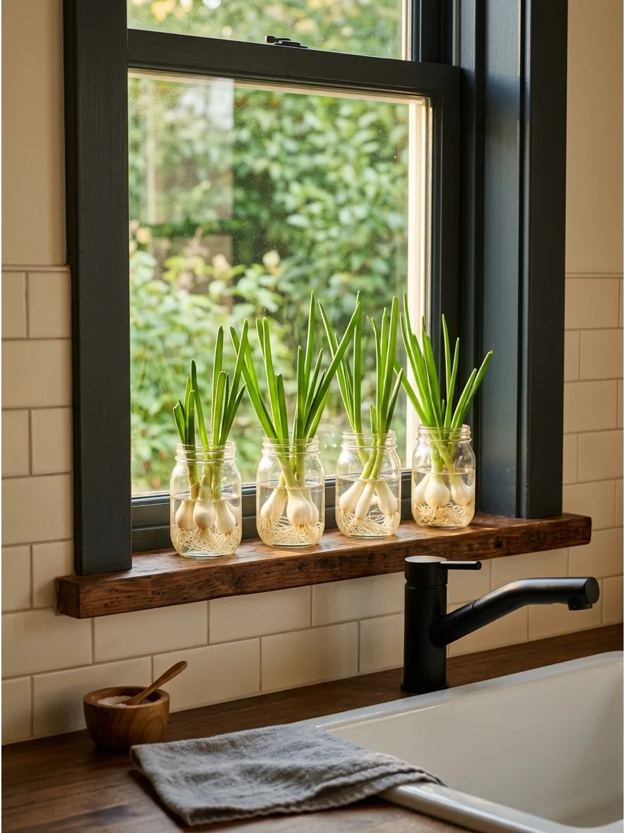 10. Regrow Green Onions in Kitchen Window Jars