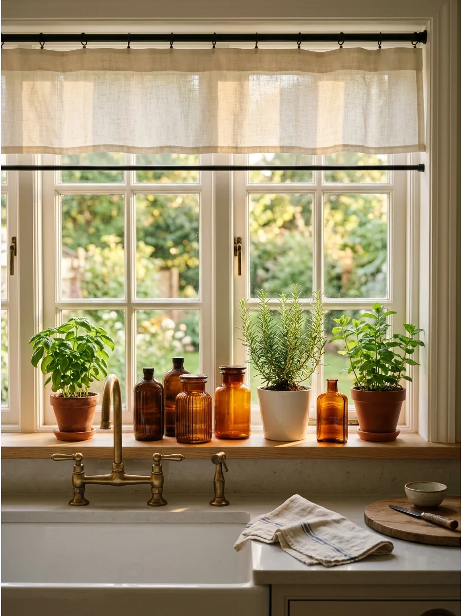 41. Use Amber Glass Around Kitchen Window Plants