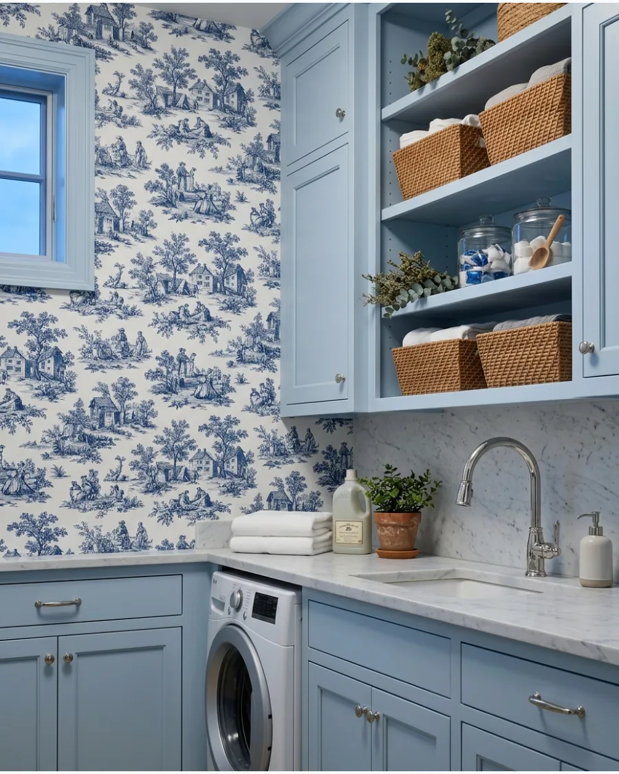 11. Blue and White Toile Wallpaper