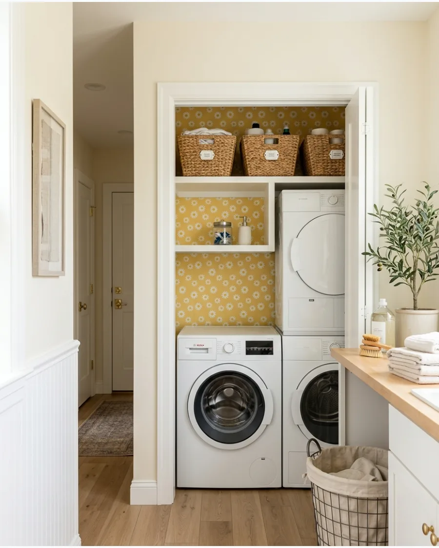 46. Wallpapered Laundry Closet