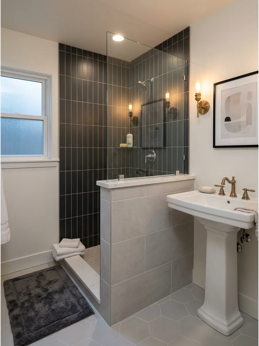 24. Compact Bathroom Pony Wall Setup