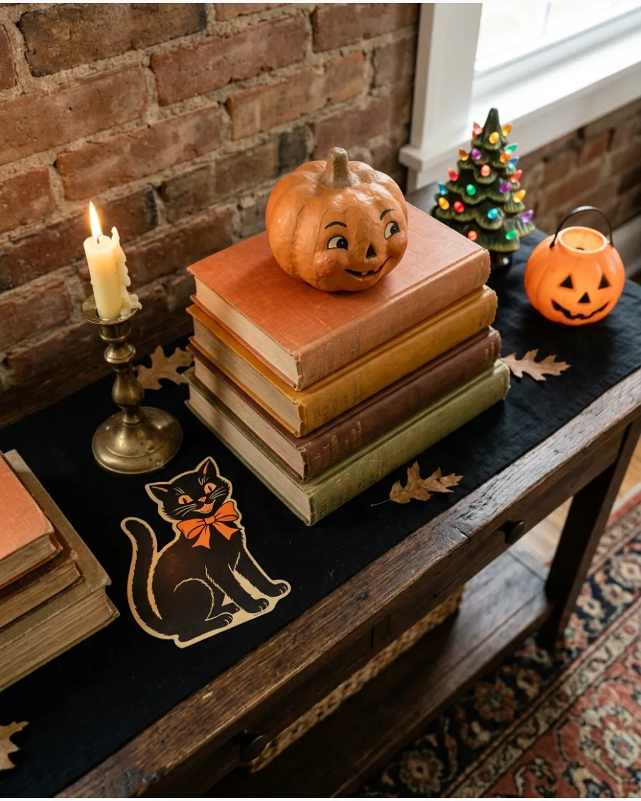 15. Vintage Books and Pumpkin Display