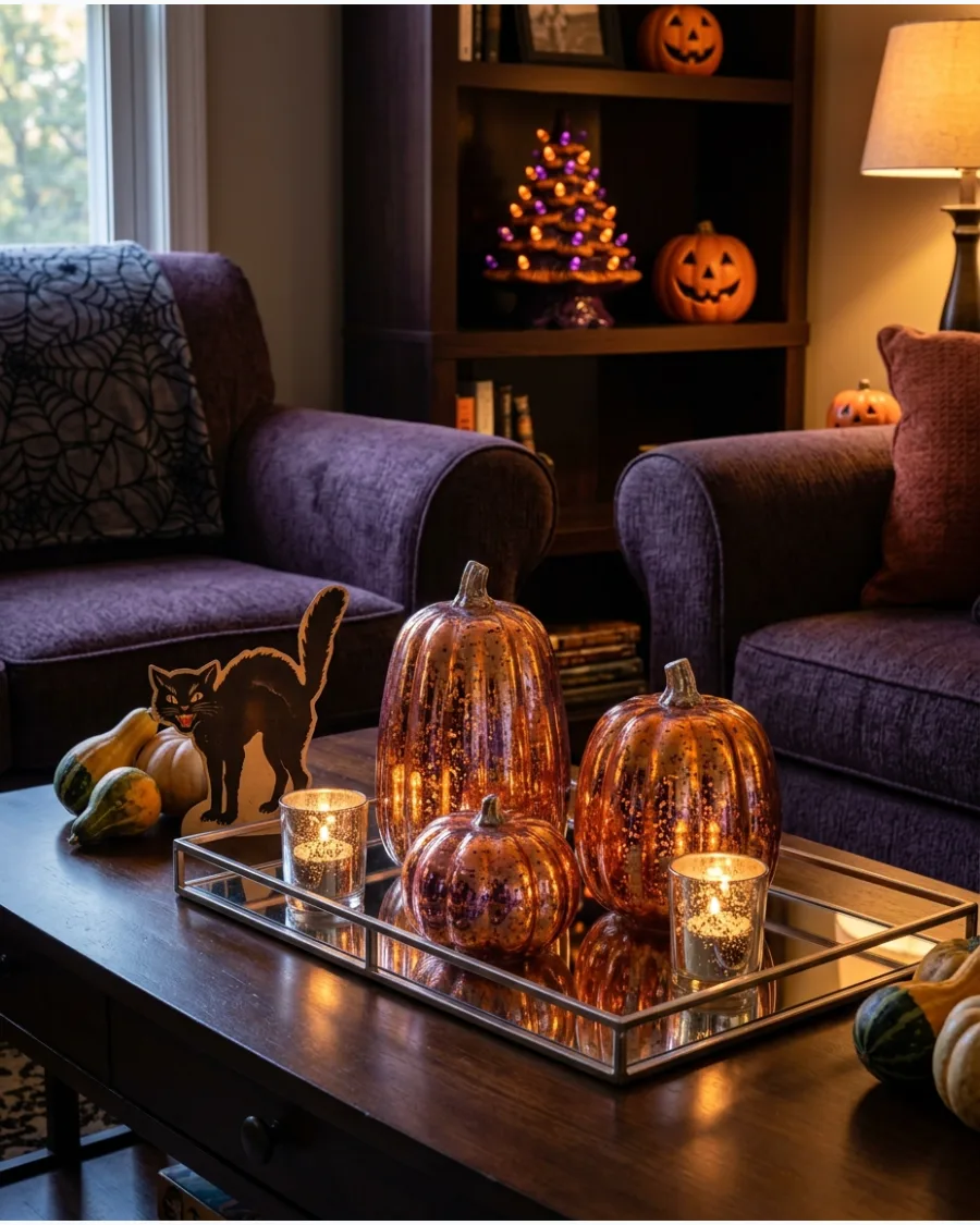 17. Mercury Glass Pumpkin Display
