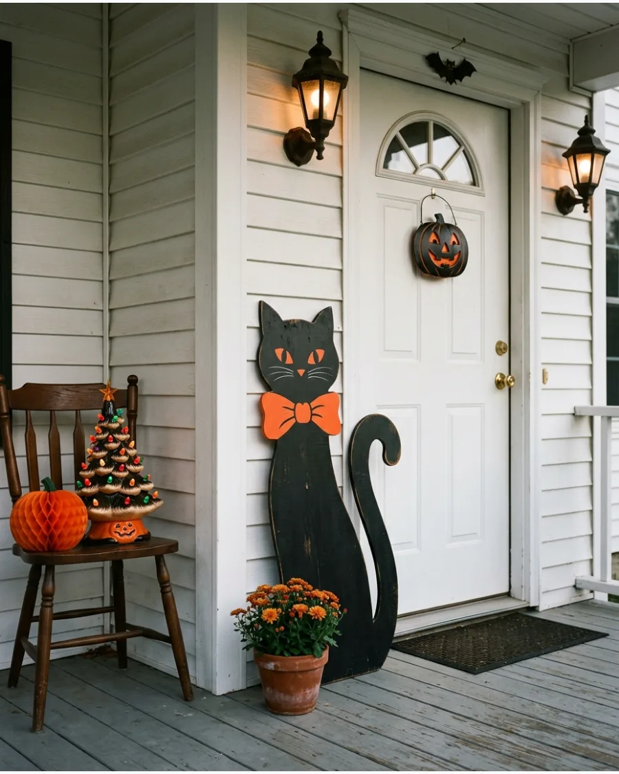 22. Retro Black Cat Porch Sign