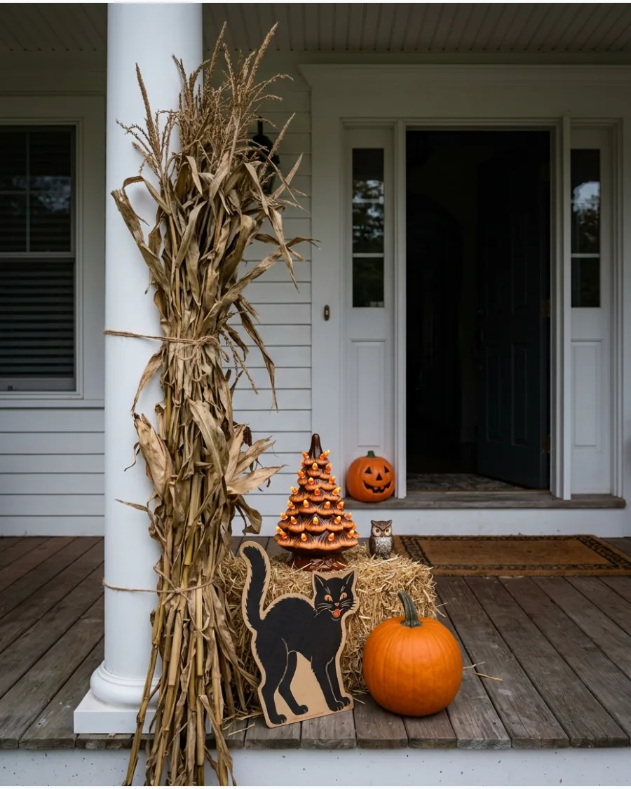 28. Classic Pumpkin and Cornstalk Porch