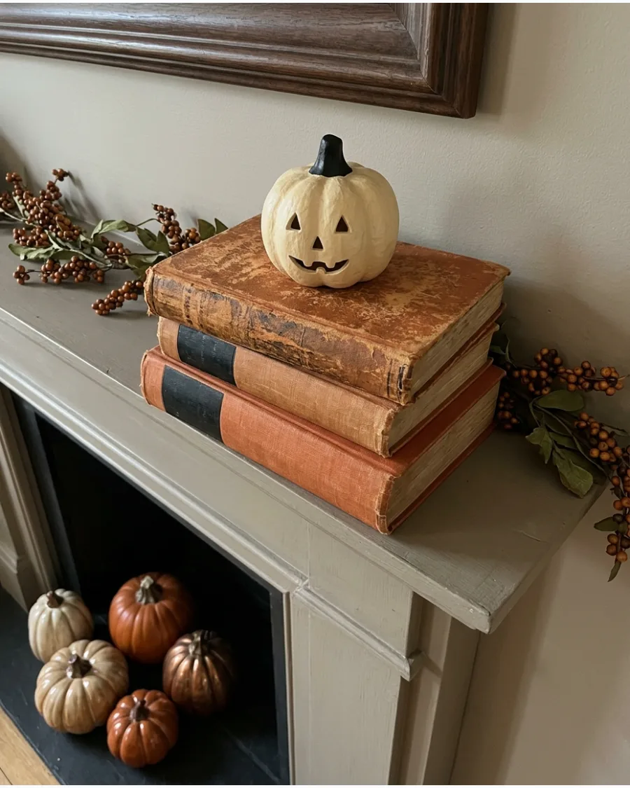 16. Old Books and Pumpkin Figurines