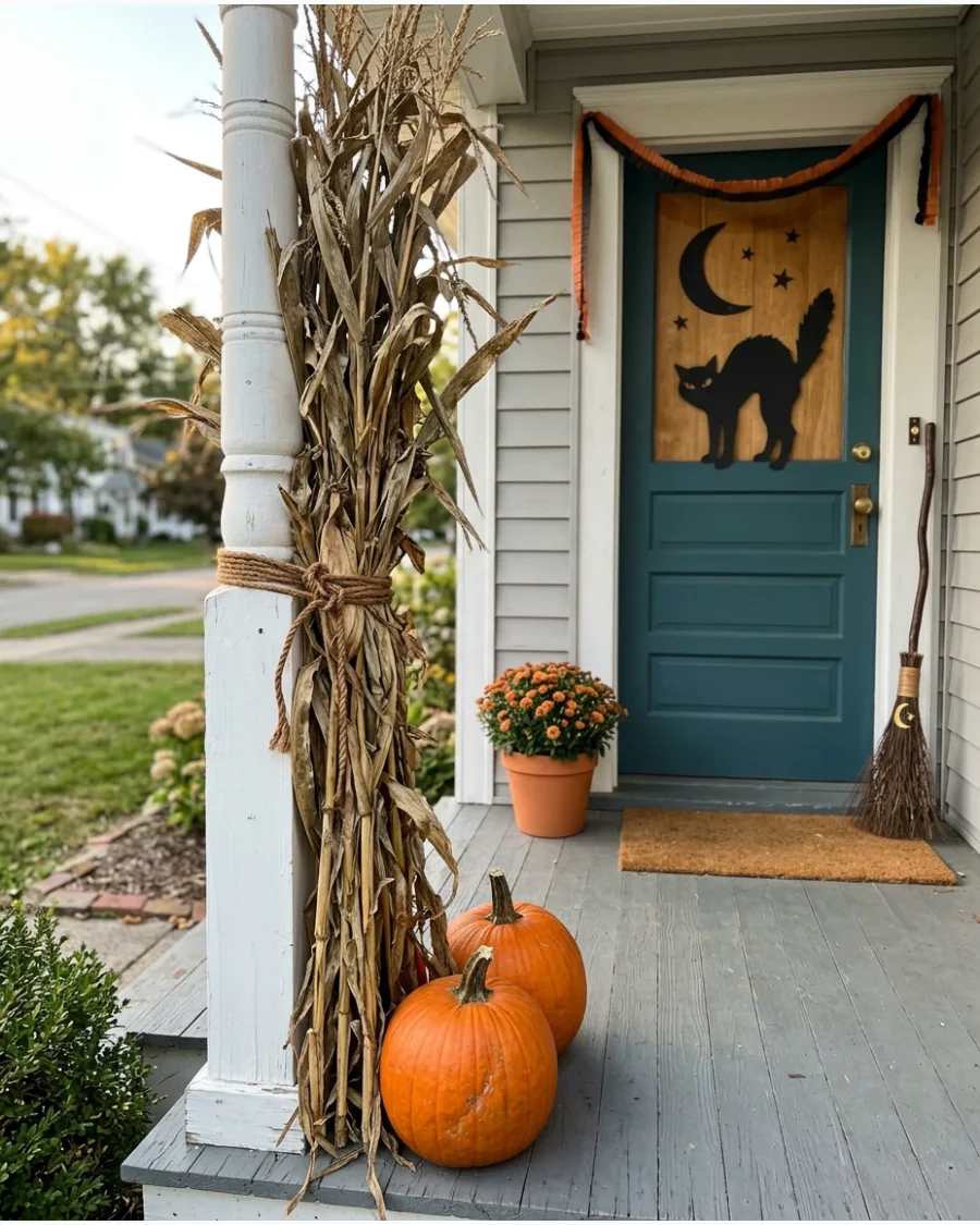 38. Classic Cornstalk and Pumpkin Porch