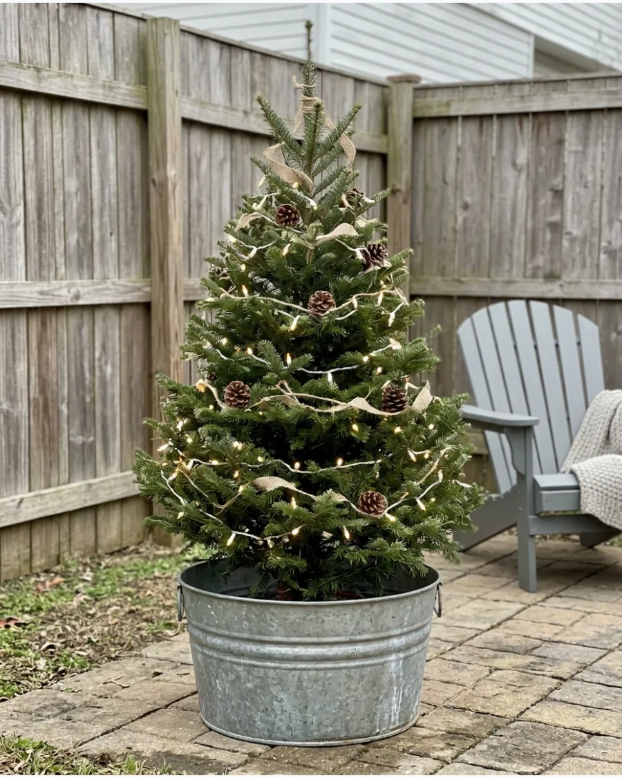 14. Rustic Christmas Tree in a Galvanized Tub
