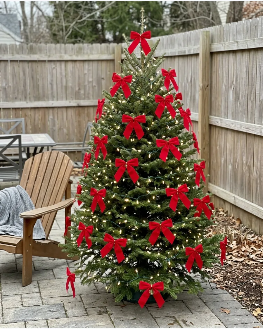 16. Red Velvet Bow Outdoor Christmas Tree