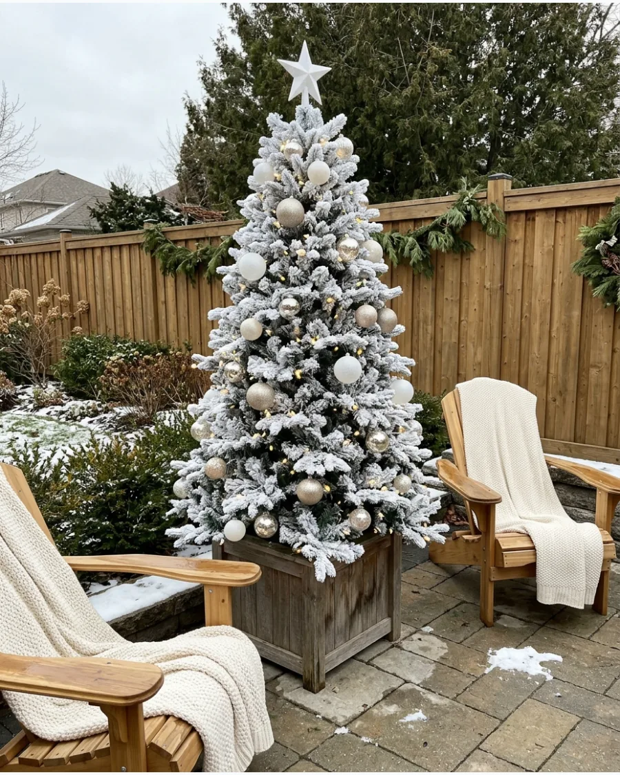 18. Snowy White Backyard Christmas Tree
