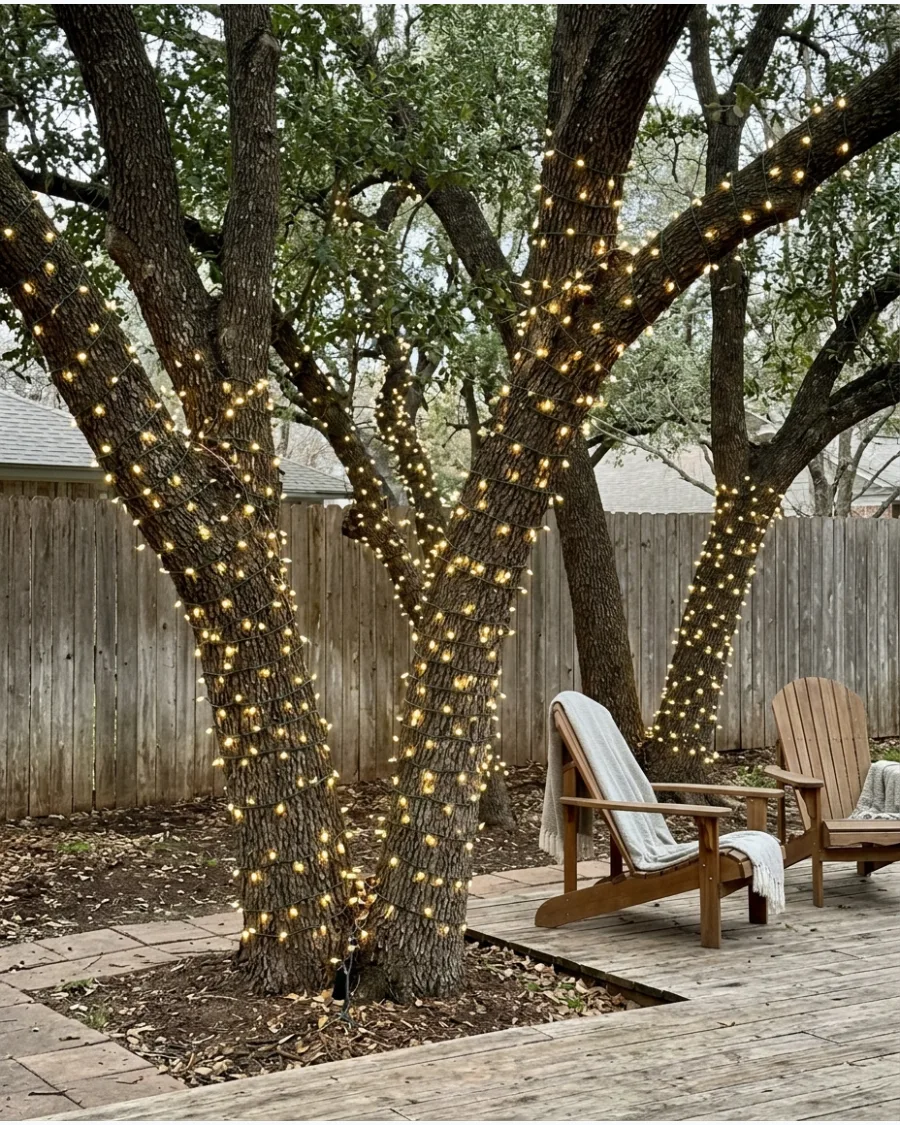 2. Christmas Lights Wrapped Around Backyard Trees