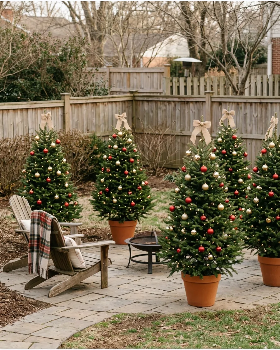 20. Matching Christmas Trees Around a Patio