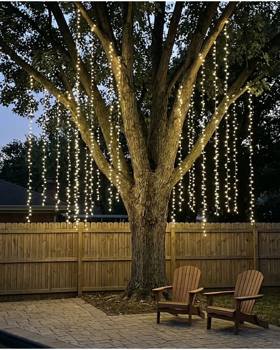 3. Cascading Fairy Lights From Tree Branches